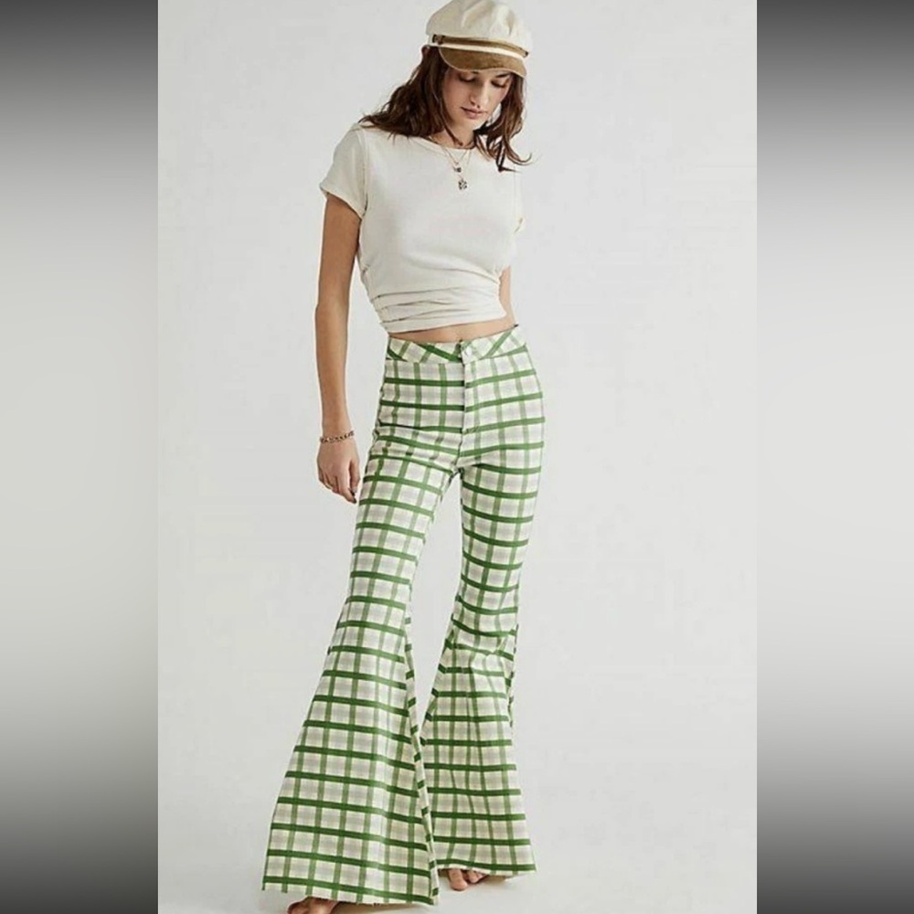 New Free People Just Float On Lime Checkered Green Super Flare Pants - Picture 2 of 8